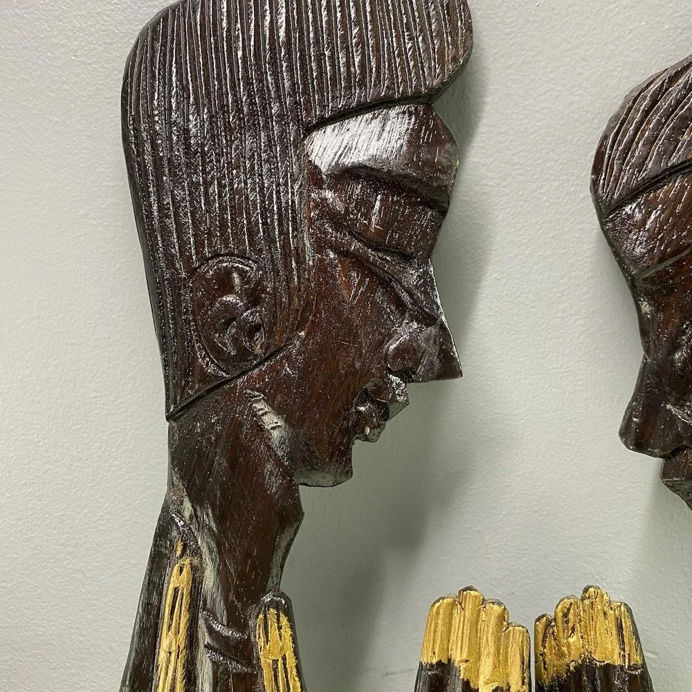 Vintage African Wooden Wall Art. Carved&Painted Teak/Ebony Wood Praying Hand 15